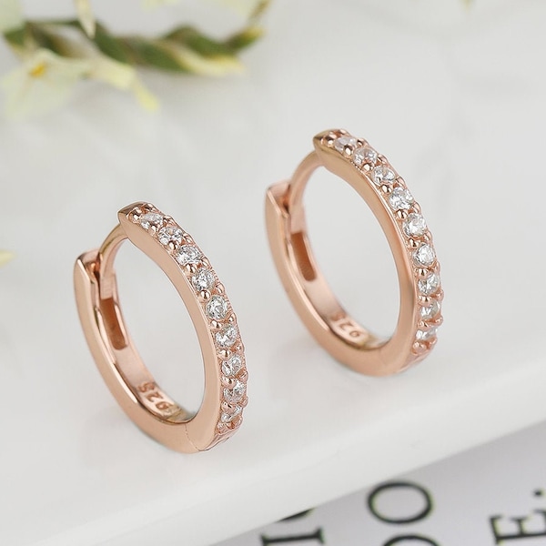 Pave Rose Gold, Huggie Hoop Earrings, Dainty Helix Hoop, Second Hole Earring, Stone bezel Earrings, Jewelry, Gift, Everyday hoops