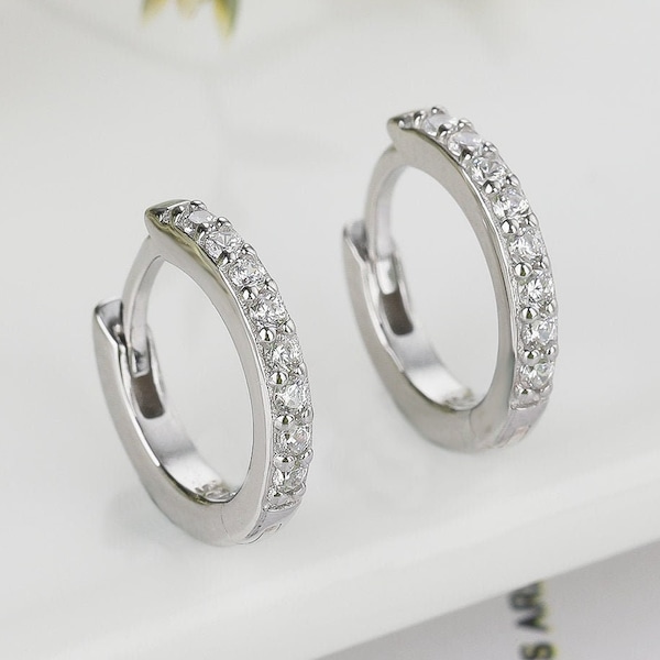 Dainty Bezel Crystal Earrings, Silver Conch Hoops, Everyday Earrings For Her, Small Stacking Huggie Hoops, Pave Ring Hoops