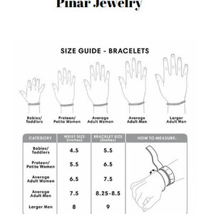May include: A size guide for bracelets with illustrations of hands wearing bracelets and a table showing wrist and bracelet sizes in inches. The table includes categories for babies/toddlers, preteen/petite women, average adult women, average adult men, and larger adult men.