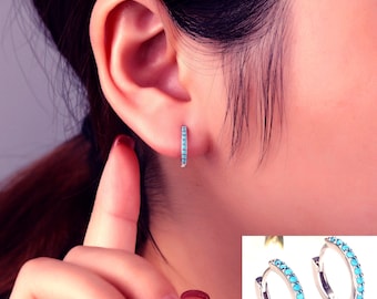 Turquoise Hoops, Sterling silver earring, Turquoise Gemstone Huggie Hoop Earrings, Turquoise Hoop Earrings, Gold Hoop Earrings