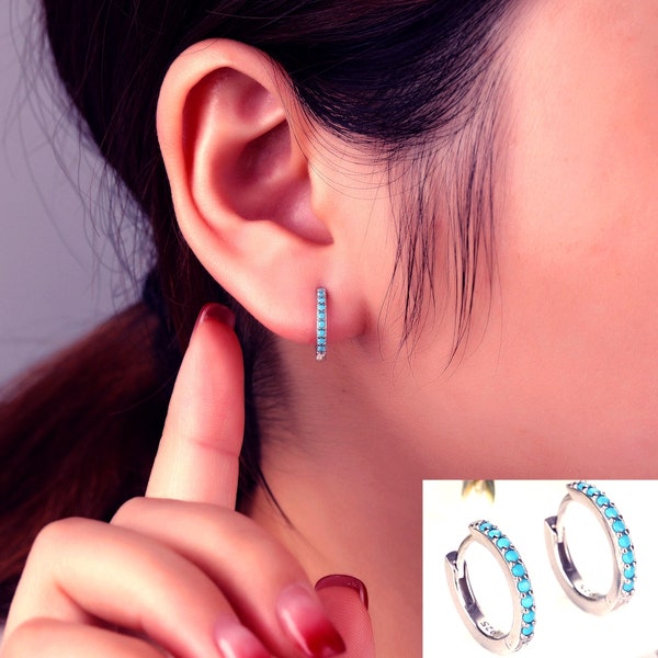 Turquoise Hoops, Sterling silver earring, Turquoise Gemstone Huggie Hoop Earrings, Turquoise Hoop Earrings, Gold Hoop Earrings