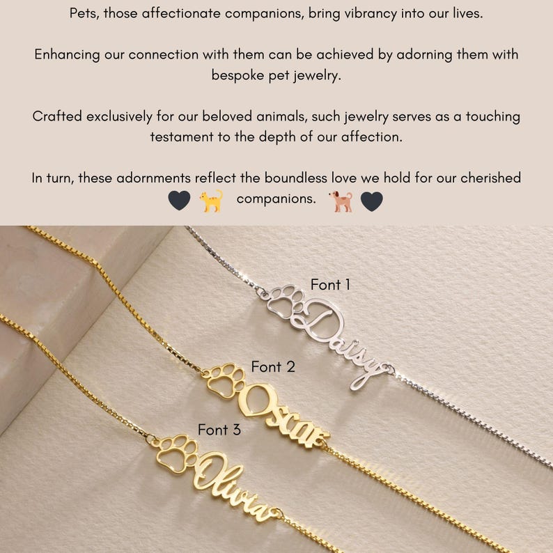 May include: Three gold necklaces with paw print charms and personalized names: Daisy, Oscar, and Olivia. The necklaces are on a white background.