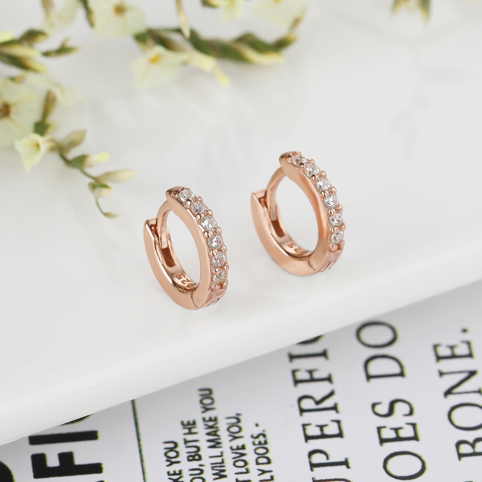 Pave Rose Gold Huggie Hoop Earrings Small Helix Hoop | Etsy