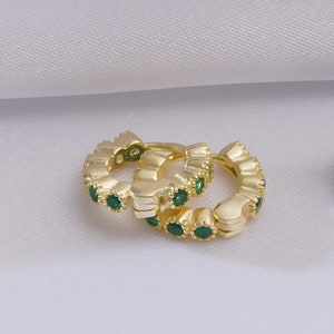 Small Emerald Huggie Hoop Earrings, Green Cubic Zirconia Earrings, Emerald Hoops For Her, May Birthstone Earrings, Dainty Gold Hoops
