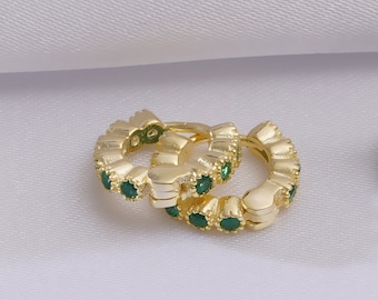 Emerald Huggie Hoop Earrings: Sterling Silver Green CZ Dainty Hoops