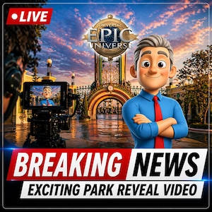 May include: A promotional image for Universal Epic Universe, featuring a cartoon character in a blue shirt and red tie. The background shows the park entrance and the text "BREAKING NEWS" and "EXCITING PARK REVEAL VIDEO". A "LIVE" banner is in the top left.