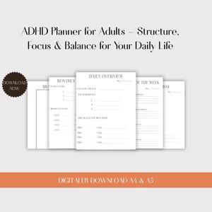 Könnte beinhalten: Ein digitaler Planer für Erwachsene mit ADHS, mit Seiten für Tagesübersichten, Wochenziele und Zeitblöcke. Der Planer soll bei Struktur, Konzentration und Ausgeglichenheit helfen. Enthält den Text "ADHD Planner for Adults - Structure, Focus & Balance for Your Daily Life."