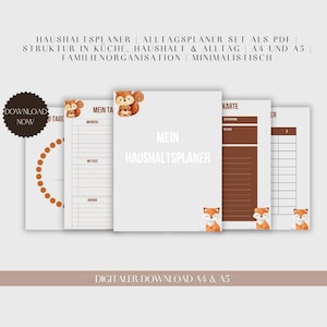 Könnte beinhalten: Ein digitales Planerset mit minimalistischem Design. Der Planer enthält Seiten für tägliche Aufgaben, Budgetierung und Familienorganisation. Das Cover zeigt den Text "Mein Haushaltplaner" und niedliche Fuchs- und Eichhörnchen-Illustrationen.