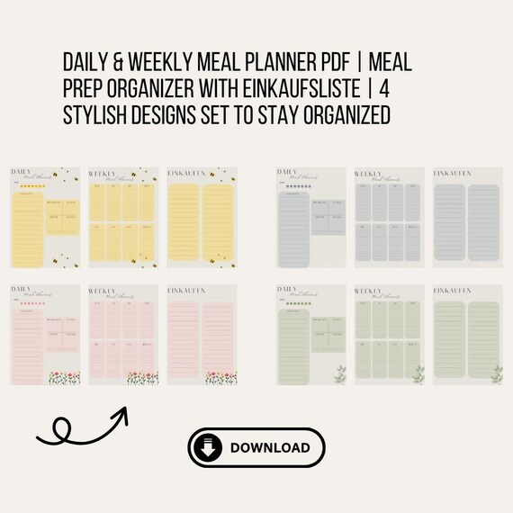 Daily & Weekly Meal Planner PDF | Meal Prep Organizer with Einkaufsliste | 4 Stylish Designs Set to Stay Organized