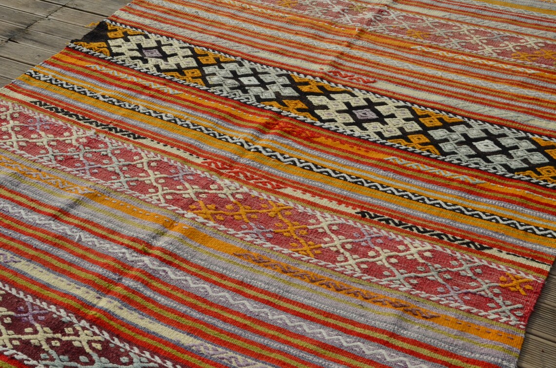 Large Colorful Striped Kilim Rug Embroidered Cicim Kilim Rug Etsy UK