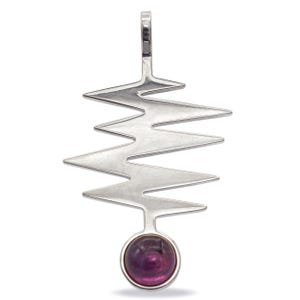 May include: A silver pendant with a zigzag design and a round, purple gemstone at the bottom. The pendant has a loop at the top for a chain. The gemstone is a deep, rich purple color.