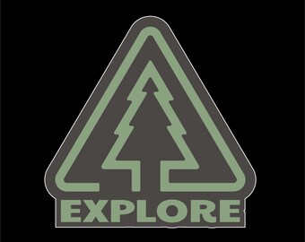 May include: A green and gray triangle with a stylized pine tree inside and the word "EXPLORE" underneath.