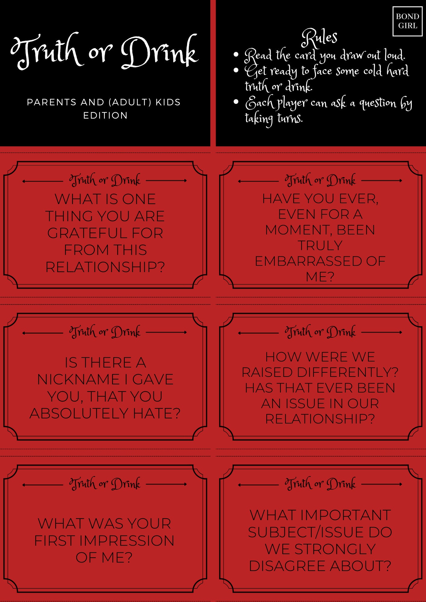54 Cards of Truth or Drink Parents and adult Kids Edition, Printable ...