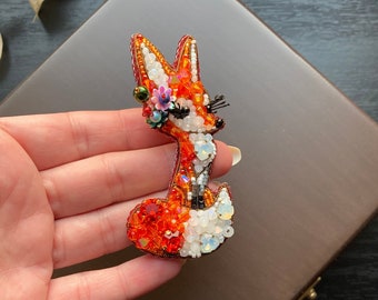 Handmade Fox Brooch,Orange Fox Jewelry,Craft Fox Brooch,Embroidered Fox Badge,Design Fox Brooch,Beaded Fox,Wild Animal Badge,Gift For Mother