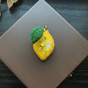 3D Lemon Brooch, Embroidered Yellow Lemon Jewelry, Handmade Fruit Brooch, Lemon Lapel Pin, Beaded Fruit, Special Jewelry, Crystal Lemon