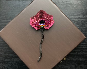 Handmade Flower Brooch,Burgundy Poppy Flower,Embroidered Poppy Flower,Flower Lapel Pin,Handcrafted Poppy Flower,Beaded Flower,Gift For Her