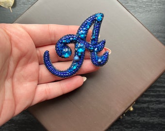 Handmade Letter A Brooch, Craft Blue Letter Pin, Design Letter A Badge, Letter Lapel Pin, Embroidered Letter Pin, Blue Jewelry, Gift for Her