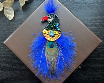 Peacock Brooch: Blue Feather Green Beaded Handmade Design Bird Collar Accessory