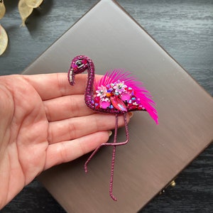 Handmade Flamingo Brooch,Embroidered Fuchsia Flamingo Jewelry,Craft Bird Badge,Beaded Flamingo,Design Bird Pin,Bird Lapel Pin,Gift for Her