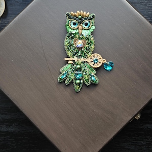 Handmade Owl Brooch,Green Owl Jewelry,Craft Bird Pin,Embroidered Owl Badge,Design Bird Brooch,Beaded Owl,Unique Accessory,Gift for Woman