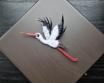 Stork Brooch: Handmade Custom Designed Crystal Bead Embellished Bird Lapel Pin