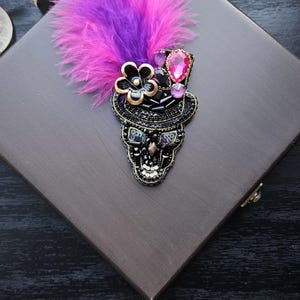 Black Skull Brooch, Handmade Skull Brooch, Design Feathered Skull Pin, Skull Collar Accessory, Embroidered Skull Brooch,Perfect Gift for Her
