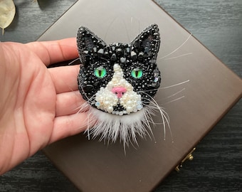 Handmade Cat Brooch,Embroidered Black Cat Pin,Crafts Cat Brooch,Beaded Cat,Cat Collar Pin,Design Cat Badge,Cat Accessory,Gift for Friend