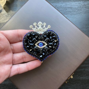Handmade Heart Brooch,Unique Black Heart Accessory Pin,Embroidered Heart Badge,Custom Design Heart Brooch,Valentine&#39;s Day Gift,Gift for Mom