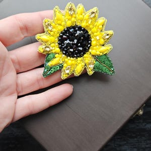 Sunflower Brooch: Bright Yellow Black Beaded Handmade Flower Collar Accessory Pin