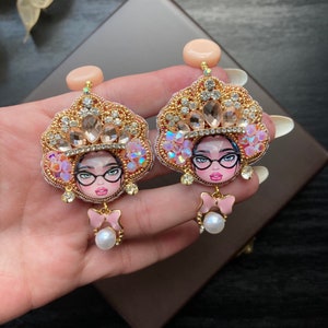 Handmade Matryoshka Earrings,Embroidered Matryoshka Earrings,Pink Matryoshka Earrings,Craft Baby Earrings,Beaded Matryoshka,Gift for Her