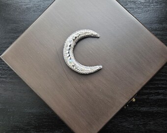 Moon Brooch: Silver with Swarovski Crystal Embellishments, 100% Handmade, Custom Designed Lapel Pin.