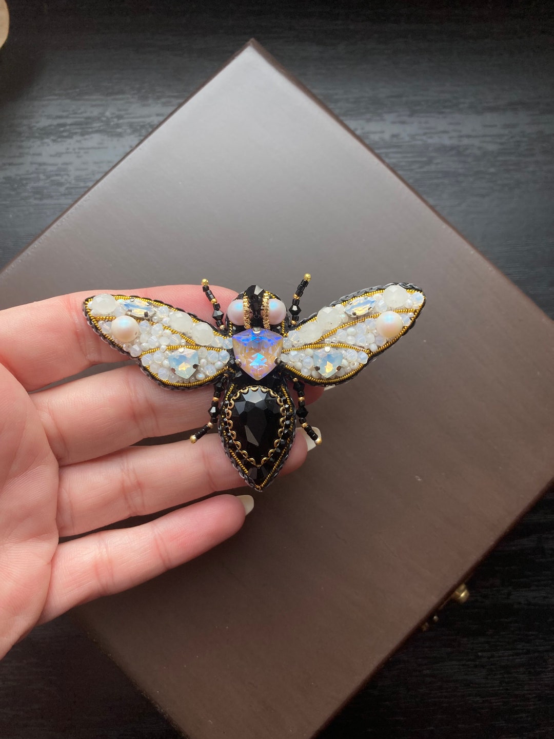 Handmade Bee Brooch,black and White Wasp Badge,embroidered Bee Brooch ...