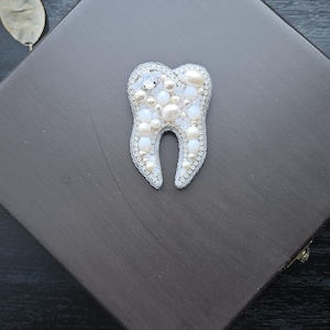 White Tooth Brooch, Embroidered Tooth, Craft Tooth Pin, Beaded Tooth Brooch, Tooth Lapel Pin, White Crystal Tooth, Perfect Gift for Women
