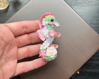 Pink Seahorse Brooch: 100% Handmade Animal Jewelry with Ice White and Green Crystal Beads