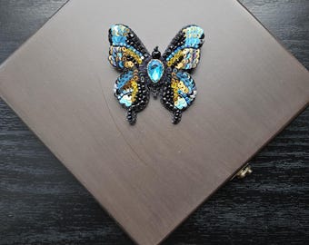 Butterfly Brooch: Blue and Yellow Italian Sequin Embroidered Special Design Badge Accessory (6x6cm)