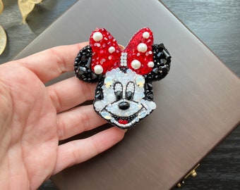 Handmade Minnie Mouse Brooch,Black Mouse Brooch,Embroidered Mouse Pin,Handcraft Mouse Brooch,Design Mouse Badge,Disney Characters,Women Gift