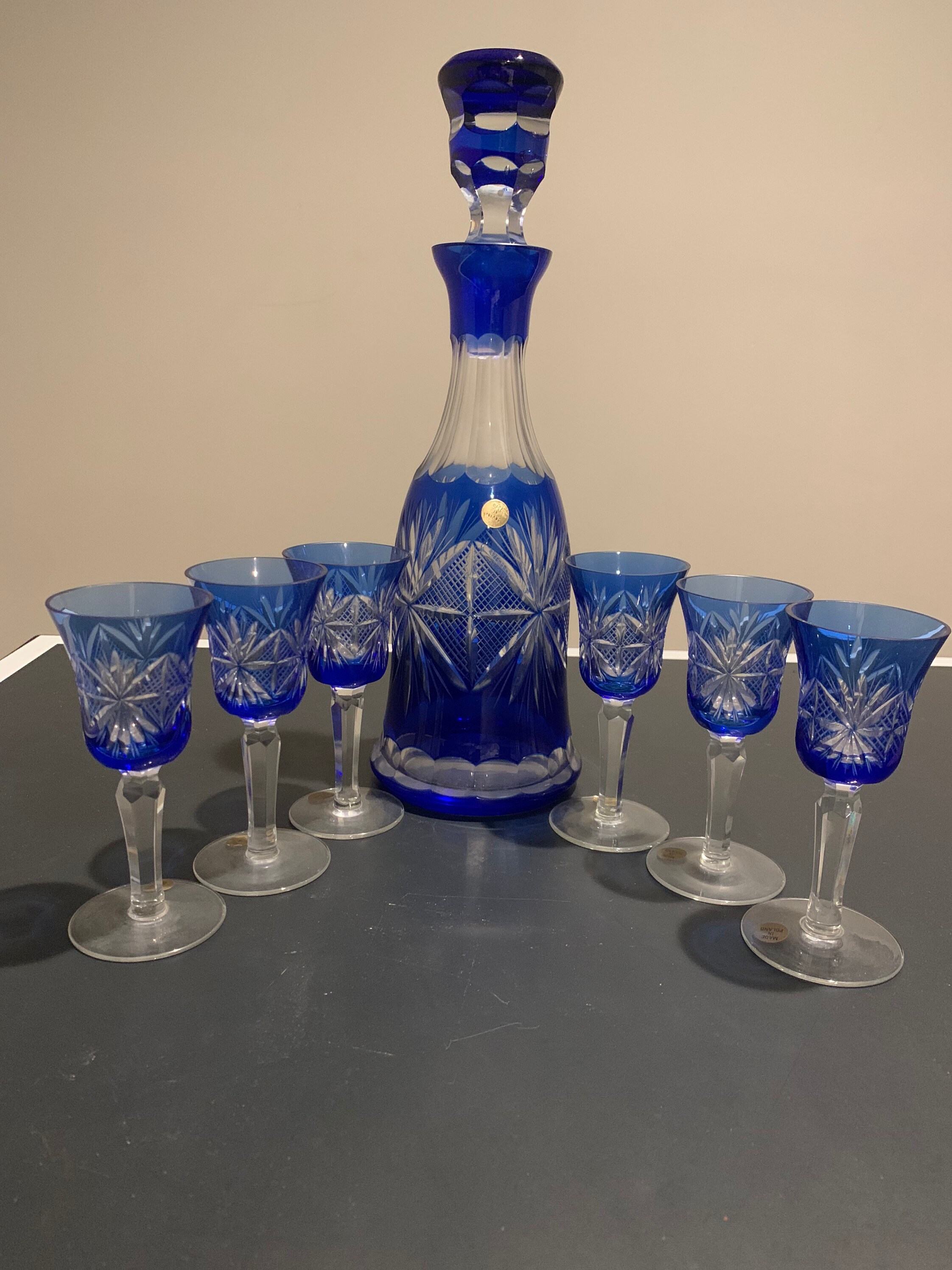 Vintage Cobalt Blue Crystal Decanter With 6 Matching Cordials Etsy