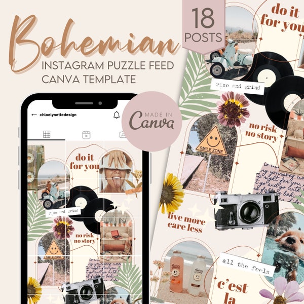 Bohemian • 18 Post Instagram Puzzle Grid Feed Canva Template | Indie Flowers Photography Maximalist Hipster VSCO Boho Summer Aesthetic