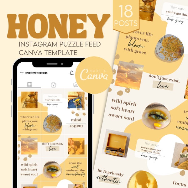 Honey • 18 Post Instagram Puzzle Grid Feed Canva Template | Yellow Sunshine Golden Pretty Girly Fun Aesthetic