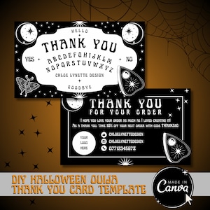 de Carte de visite de remerciement pour Halloween Ouija Canva | Papeterie personnalisable personnalisable imprimable cool cool gothique fantasmagorique pour petite entreprise
