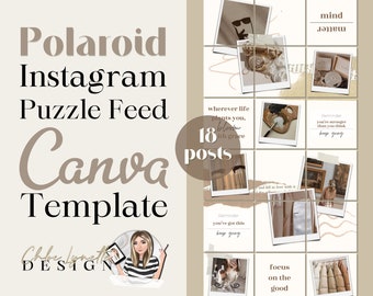 Polaroid • 18 Post Instagram Puzzle Grid Feed Canva Template | Beige Boho Stylish Couture Photography Model Minimal Aesthetic