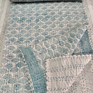 Hand Block Printed Floral Kantha Quilt: Reversible Boho King Size Bedspread