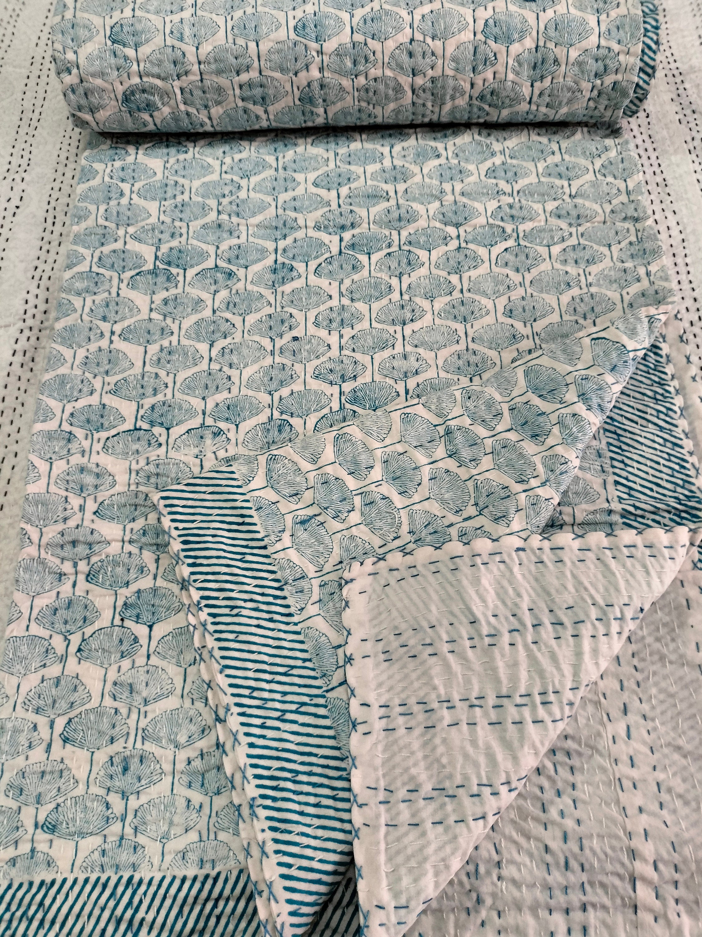 Hand Block Printed Floral Kantha Quilt: Reversible Boho King Size Bedspread