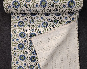 Indian Floral Kantha Quilt Handmade Kantha Bedcover Block Print Kantha Bedspread Throw Cotton Blanket Gudari Kantha King Size Indian Quilt