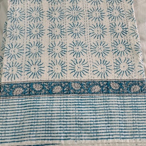Hand Block Printed Organic Cotton Kantha Quilt: Floral Bedspread