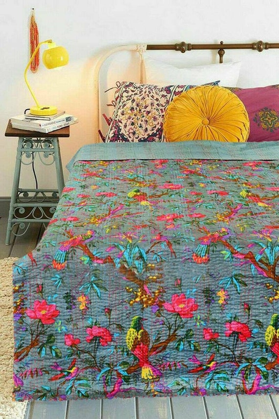 Beautiful Grey Bird Print kantha quilt Indian hand block print kantha quilt Reversible cotton Bedding Bedspread King Size Kantha Gudari