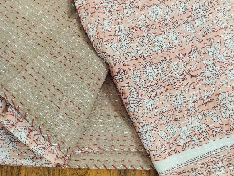 Bedspread Kantha Quilt Queen Black and Floral Quilt Kantha Blanket