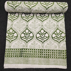 Hand Stitched Kantha Quilt: Block Print Cotton Bedspread