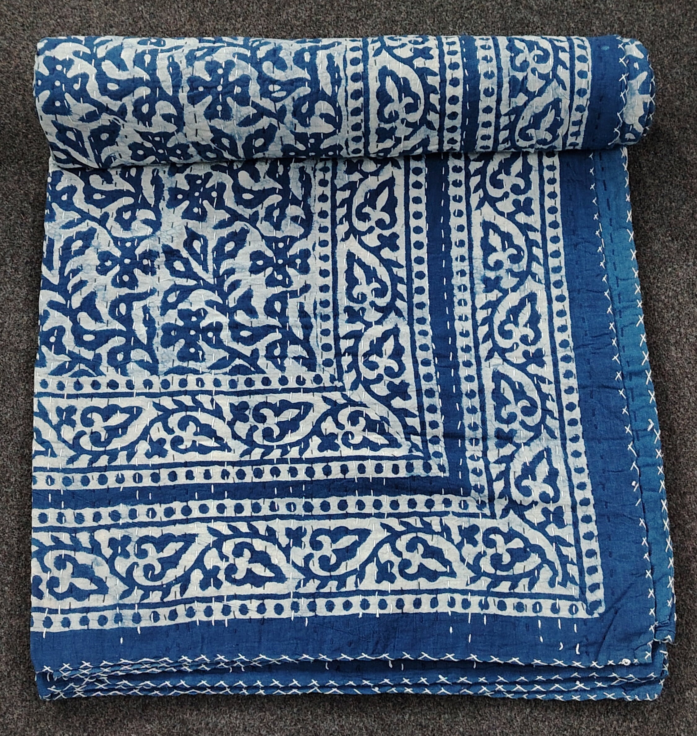 Indigo Blue Kantha Quilt: Hand-Stitched Indian Cotton Bedspread