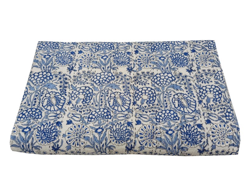 May include: A folded, rectangular quilt featuring a repeating floral pattern in shades of blue on a cream background. The design includes stylized flowers and foliage, creating a cohesive and decorative textile.
